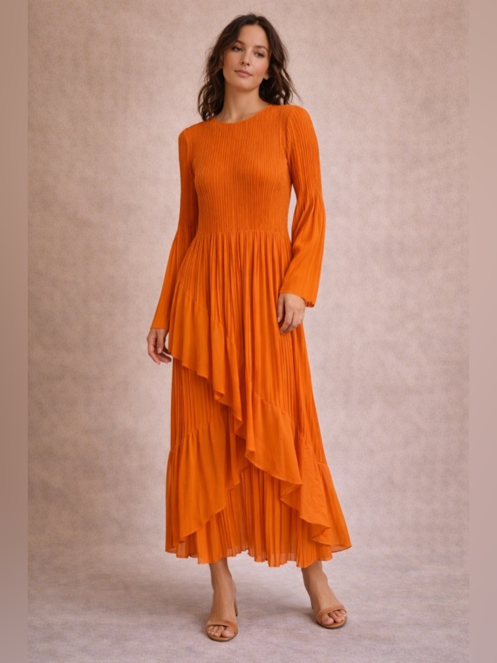 Zadie B’s Orange Pleated Midi Dress One Size Boho Ruffle Anthropologie Style NWT - Picture 2 of 8